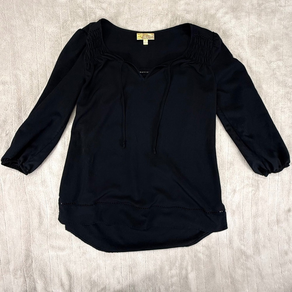 Princess‎ Vera Wang Black Peasant Blouse Small 3/4 Sleeve Neck Ladder Lace Top
